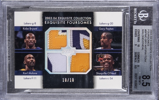 2003-04 UD "Exquisite Collection" Foursomes #BPMO Kobe  Bryant/Gary Payton/Karl Malone/Shaquille O’Neal Game Used Patch Card (#10/10) – BGS NM-MT+ 8.5